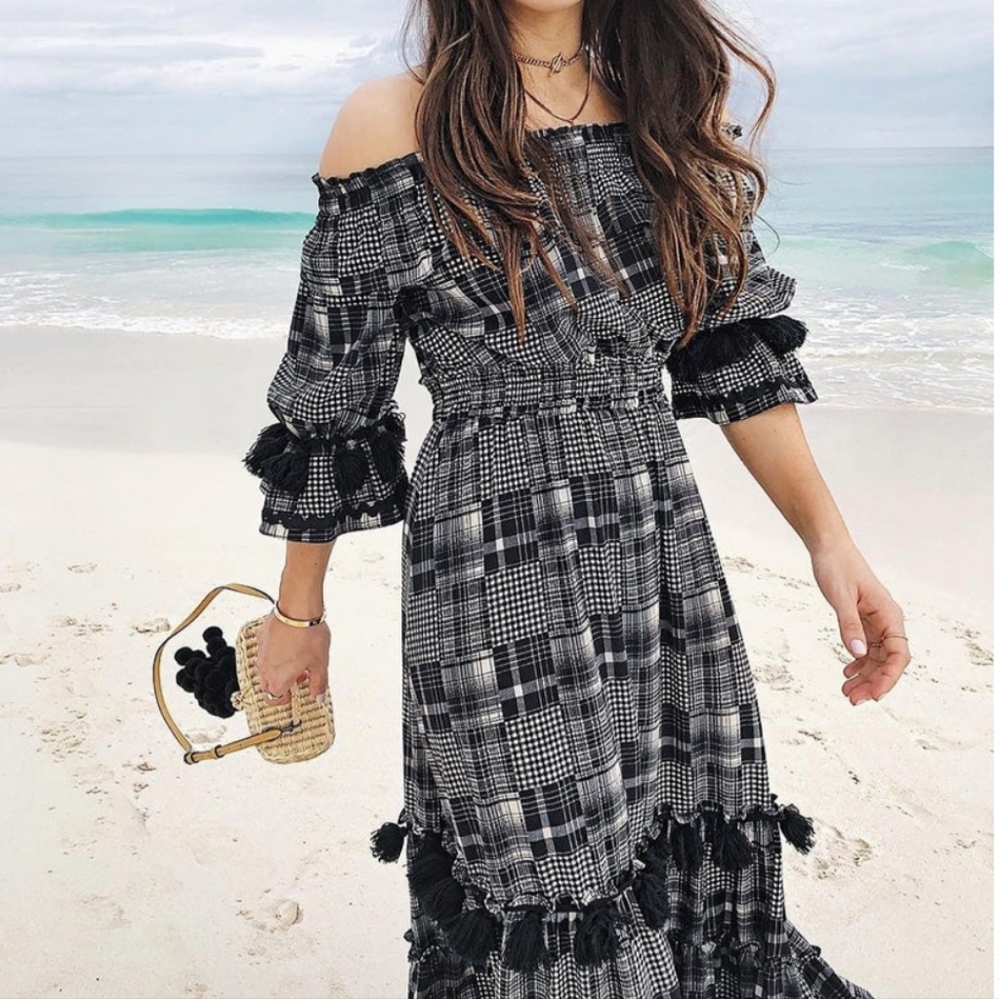 MISA• Nicoline Elegant Cottage Core Black /White Off-Shoulder Ruffle Dress.Sz XS